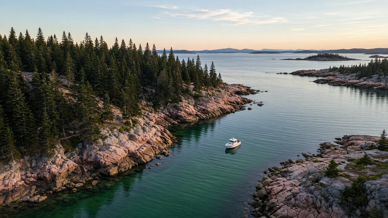 A quiet cove at golden hour, a small boat at rest on still water