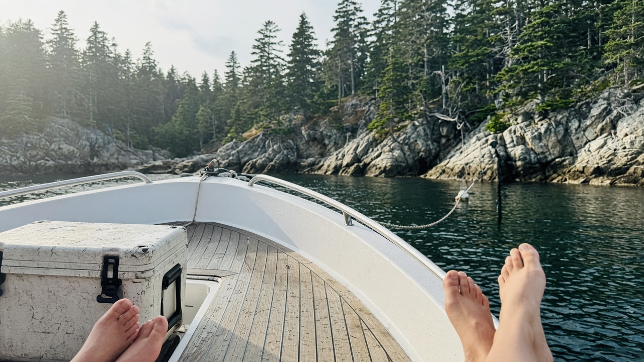 Bow at anchor in a quiet cove — cooler, bare feet, spruce and granite